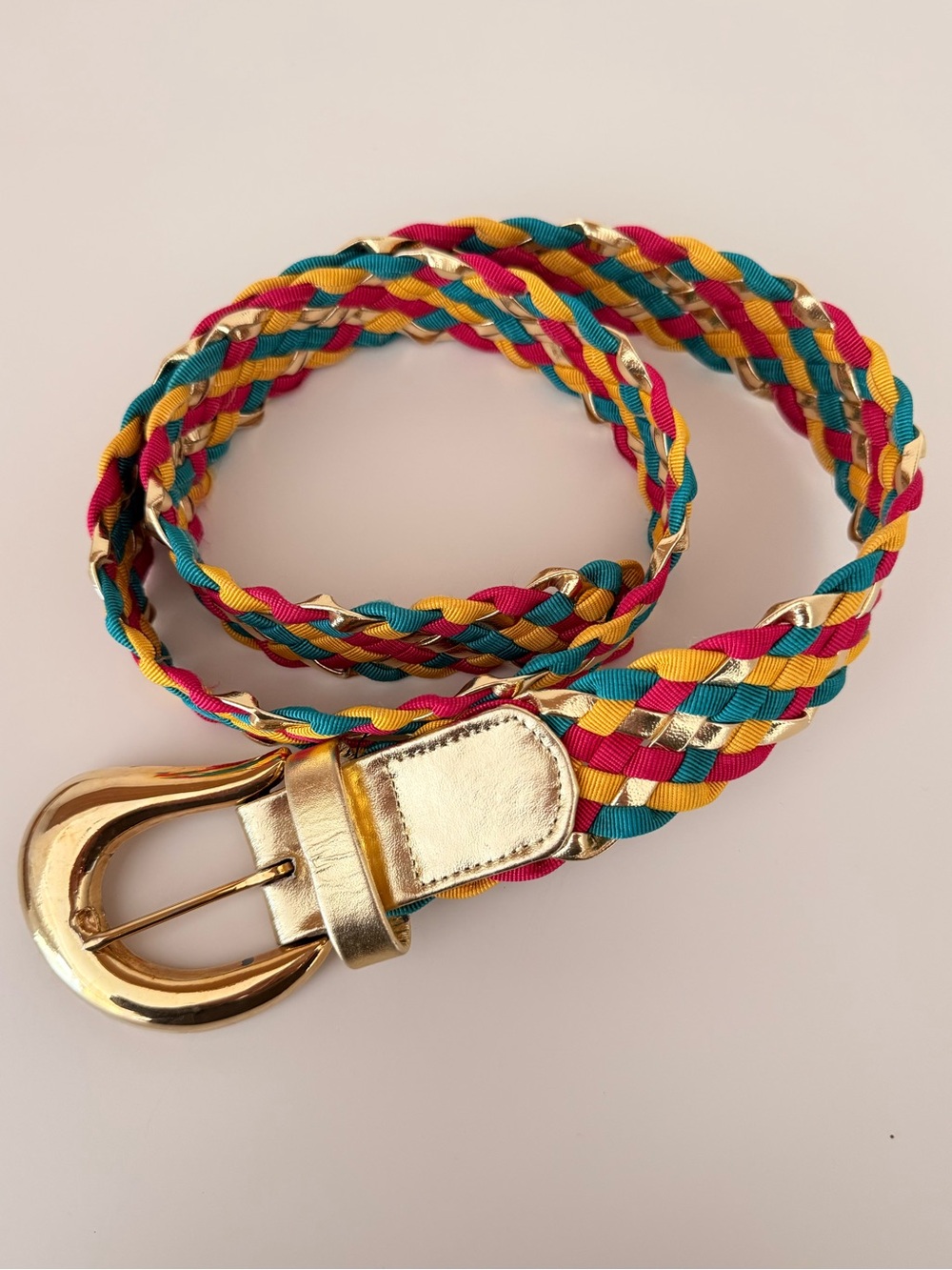 Sandy Duftler Pink, Gold and Teal Braided Belt with Gold Buckle